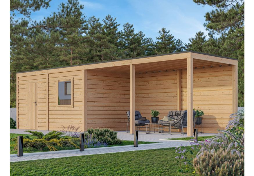 WoodAcademy tuinhuis met overkapping Nefriet Essential 1180x400 cm Foto van WoodAcademy tuinhuis met overkapping Nefriet Essential 1180x400 cm