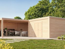 Foto van WoodAcademy tuinhuis met overkapping L-model Nefriet Essential