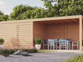 WoodAcademy tuinhuis met overkapping Nefriet Essential Foto van WoodAcademy tuinhuis met overkapping Nefriet Essential