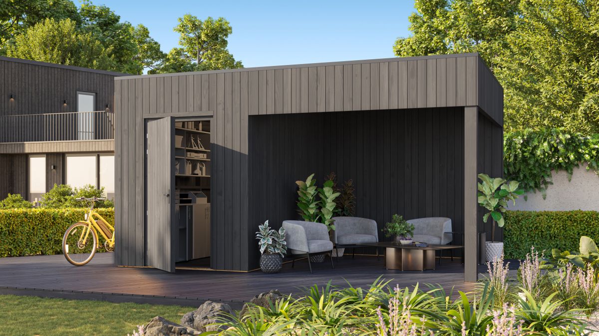 Grandiwood hölzernes Gartenhaus mit Überdachung Kubix- zwart