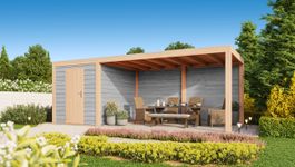 WoodAcademy tuinhuis met overkapping Nefriet Essential grigio Foto van WoodAcademy tuinhuis met overkapping Nefriet Essential grigio