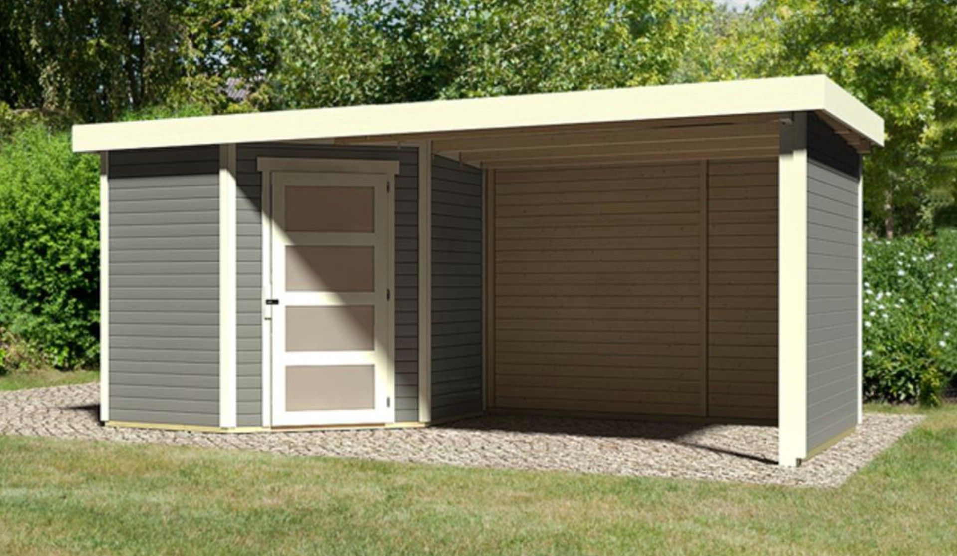 Foto van Karibu 77745 Schwandorf 3 tuinhuis met overkapping - terragrijs