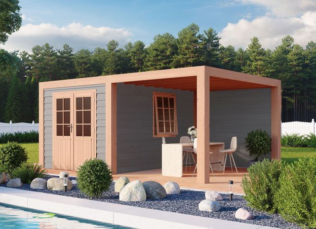 Foto van WoodAcademy tuinhuis met overkapping Sapphire Excellent grigio 500x300 cm