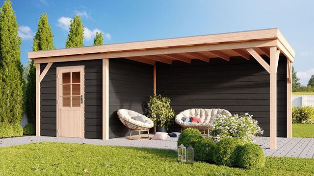 Foto der WoodAcademy Gartenhaus mit Terrasse Baron nero 800x400 cm