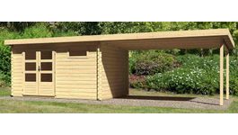 Karibu 78678 Bastrup 8 blokhut met overkapping Foto van Karibu 78678 Bastrup 8 blokhut met overkapping