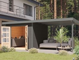 Foto van Karibu 12436 Pluto 6 tuinhuis met overkapping - terragrijs|grijsaluminium