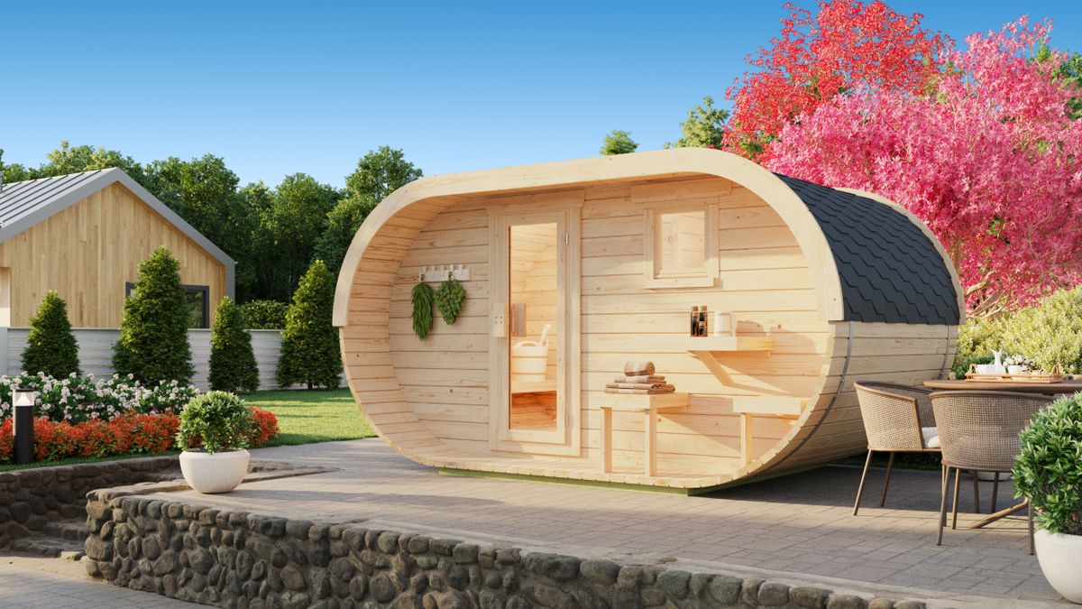 Ilogreen Fasssauna Ovaal - mit Vorraum und Terrasse