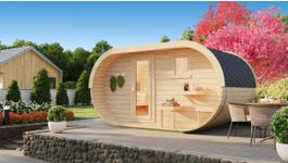 Ilogreen barrelsauna Ovaal - met voorruimte en terras Foto van Ilogreen barrelsauna Ovaal - met voorruimte en terras