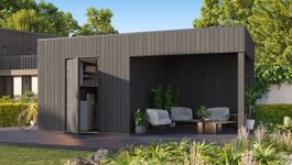 Grandiwood hölzernes Gartenhaus mit Überdachung Kubix- zwart Foto von Grandiwood hölzernes Gartenhaus mit Überdachung Kubix- zwart