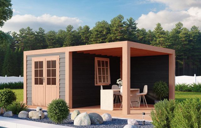 Foto der WoodAcademy Gartenhaus mit Terrasse Sapphire Excellent nero 800x400 cm