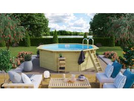 Foto van Karibu houten zwembad X1 met blauwe liner + skimmer