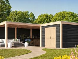 Foto van WoodAcademy tuinhuis met overkapping L-model Nefriet Essential Nero