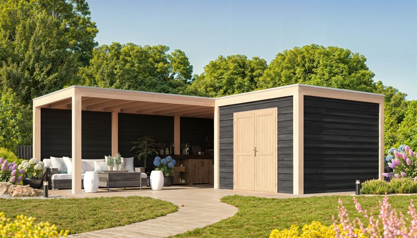 Foto van WoodAcademy tuinhuis met overkapping L-model Nefriet Essential Nero