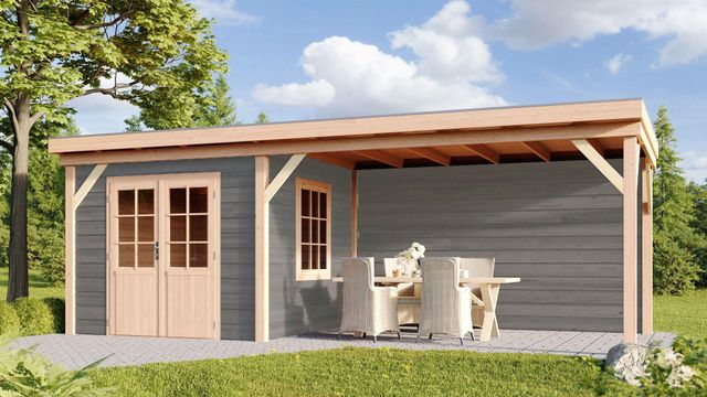 Foto van WoodAcademy tuinhuis met overkapping Ermine grigio 600x300 cm