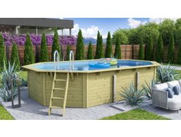 Foto van Karibu houten zwembad X4 met blauwe liner + skimmer