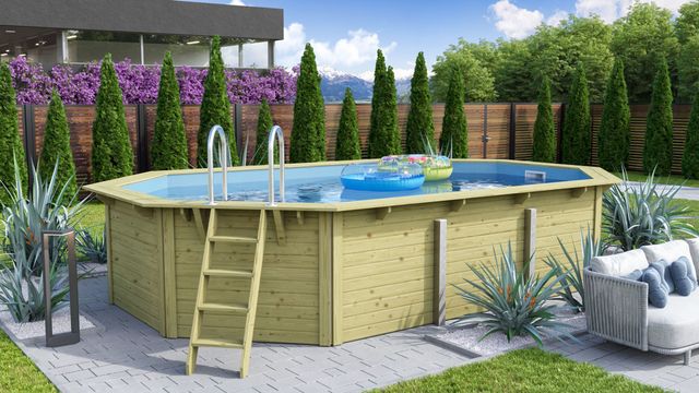 Karibu Holzpool Modell X4 mit blauer Poolfolie und Skimmer