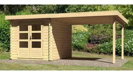 Karibu 73298 Bastrup 4 blokhut met overkapping Foto van Karibu 73298 Bastrup 4 blokhut met overkapping