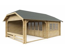 Interflex Blockhütte Krüppelwalmdach W4x3+3 - Imprägniert Foto von Interflex Blockhütte Krüppelwalmdach W4x3+3 - Imprägniert