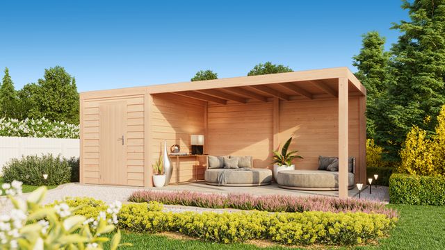 Foto der WoodAcademy Gartenhaus mit Terrasse Nefriet Essential 500x300 cm