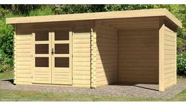 Karibu 73330 Bastrup 3 blokhut met overkapping Foto van Karibu 73330 Bastrup 3 blokhut met overkapping