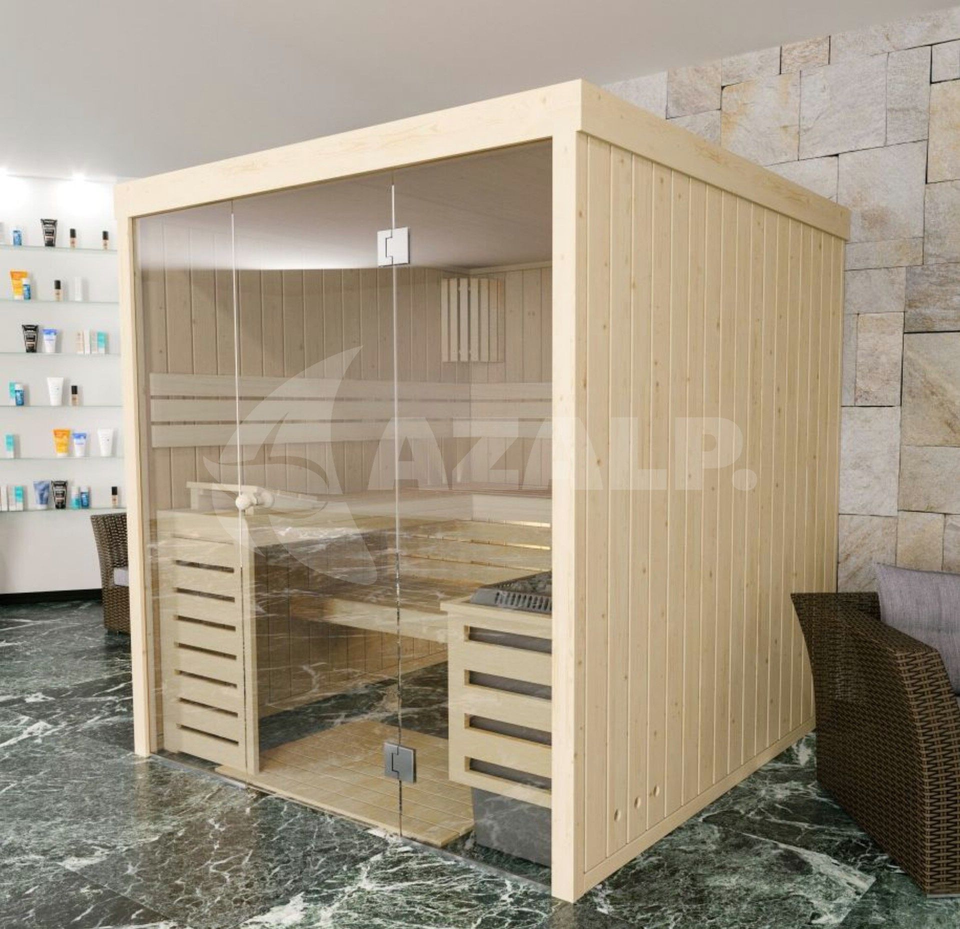 Foto van Azalp massieve sauna Rio Glass 239x239 cm