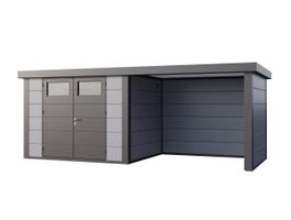Telluria Classico 3024 metalen tuinhuis met overkapping rechts Foto van Telluria Classico 3024 metalen tuinhuis met overkapping rechts