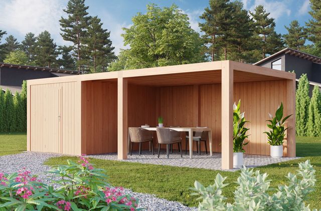 Foto der WoodAcademy Gartenhaus mit Terrasse Robijn Excellent 800x400 cm