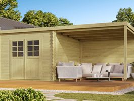 Debro blokhut met overkapping Angers - hogedruk geïmpregneerd Foto van Debro blokhut met overkapping Angers - hogedruk geïmpregneerd
