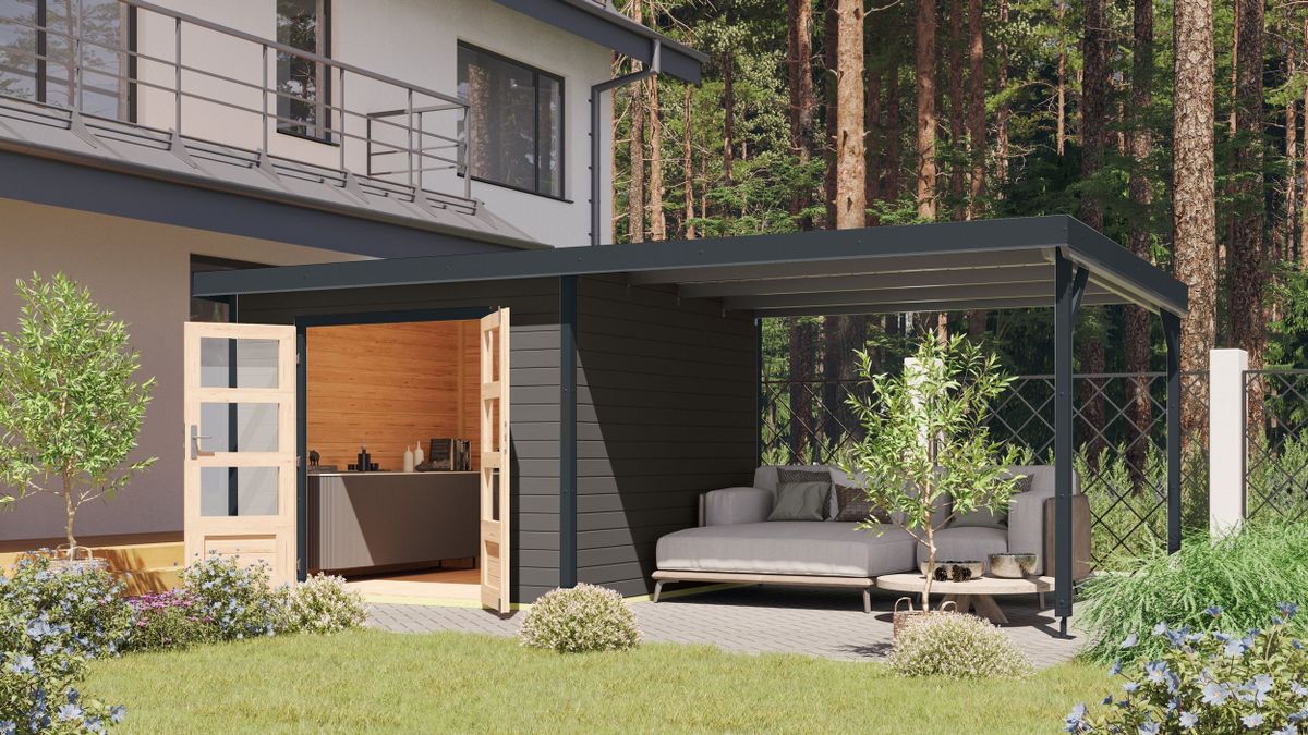 Karibu 97911 Pluto 6 tuinhuis met overkapping - terragrijs|antraciet