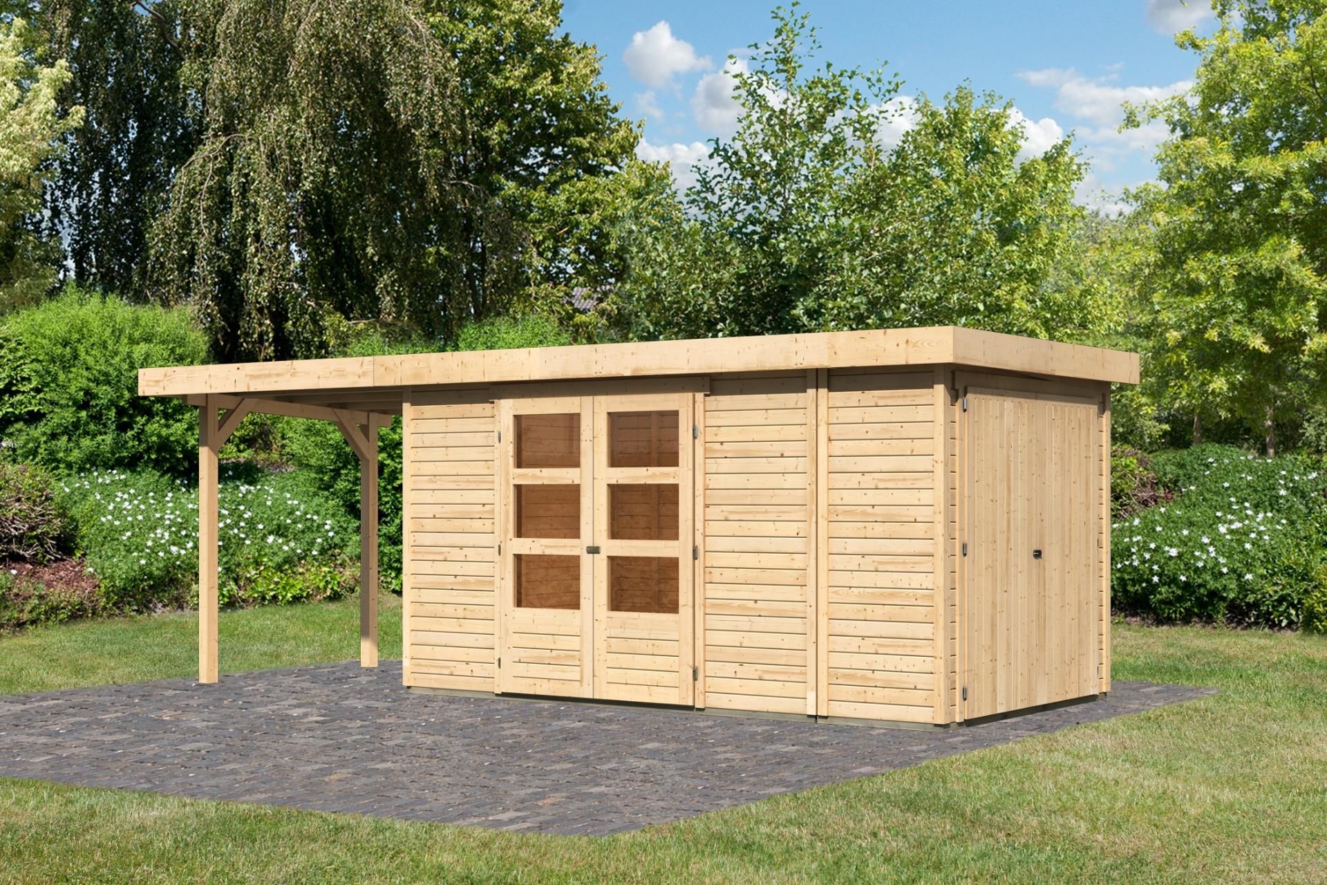 Foto der Karibu 82965 Retola 5 Gartenhaus mit Anbaudach