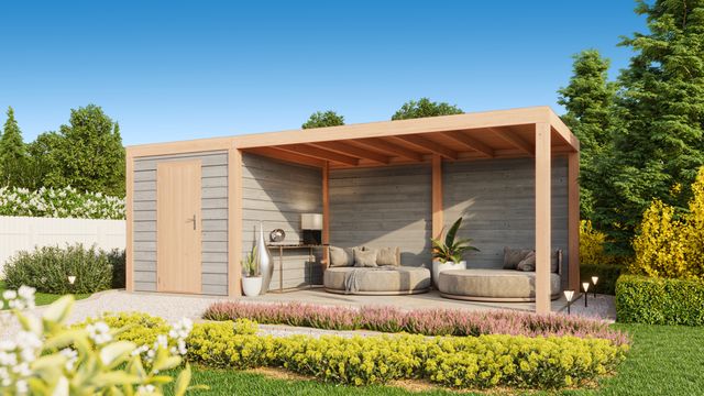 WoodAcademy Gartenhaus mit Überdachung Nefriet Essential Grigio