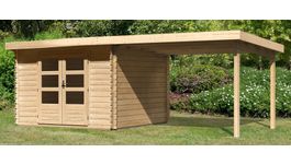 Karibu 91532 Bastrup 3 blokhut met overkapping Foto van Karibu 91532 Bastrup 3 blokhut met overkapping