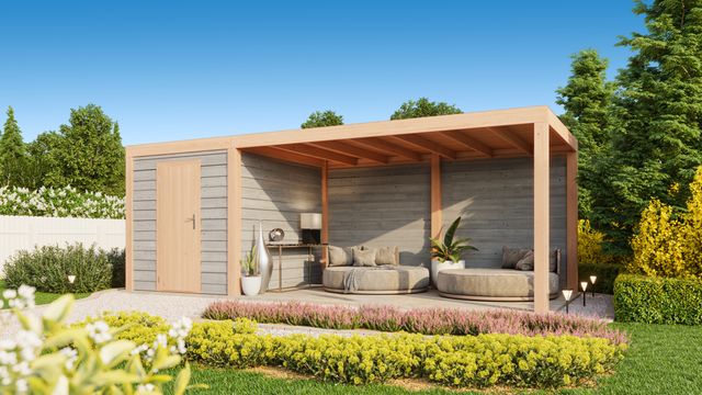 WoodAcademy tuinhuis met overkapping Nefriet Essential grigio