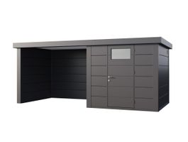 Telluria Classico 2424 metalen tuinhuis met overkapping links Foto van Telluria Classico 2424 metalen tuinhuis met overkapping links