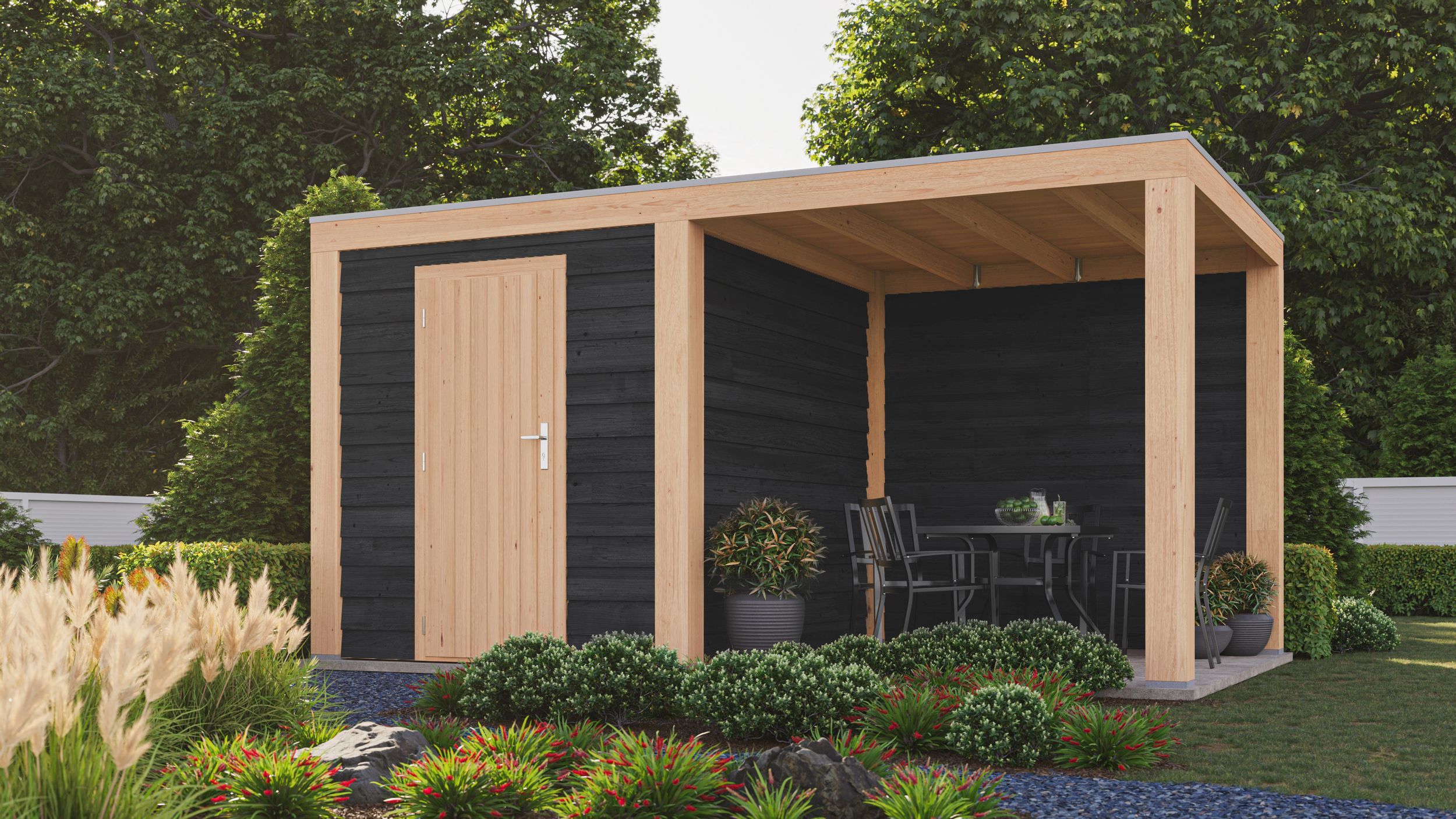 Foto van WoodAcademy tuinhuis met overkapping Nefriet Excellent nero 500x300 cm