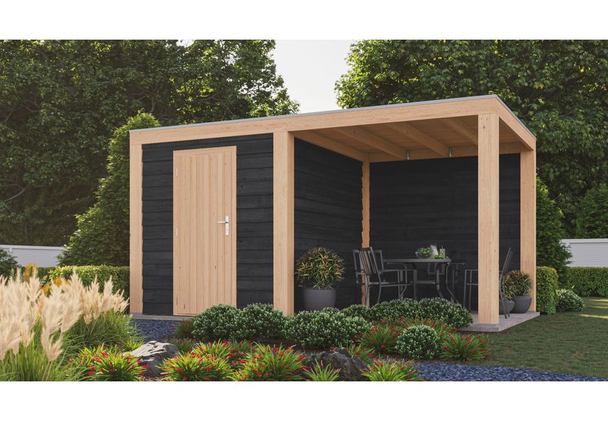 WoodAcademy tuinhuis met overkapping Nefriet Excellent nero 500x300 cm Foto van WoodAcademy tuinhuis met overkapping Nefriet Excellent nero 500x300 cm