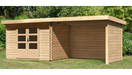 Karibu 91533 Bastrup 3 blokhut met overkapping Foto van Karibu 91533 Bastrup 3 blokhut met overkapping