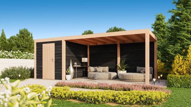 Foto der WoodAcademy Gartenhaus mit Terrasse Nefriet Essential nero 700x300 cm