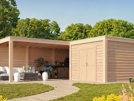 Foto van WoodAcademy tuinhuis met overkapping L-model Nefriet Essential