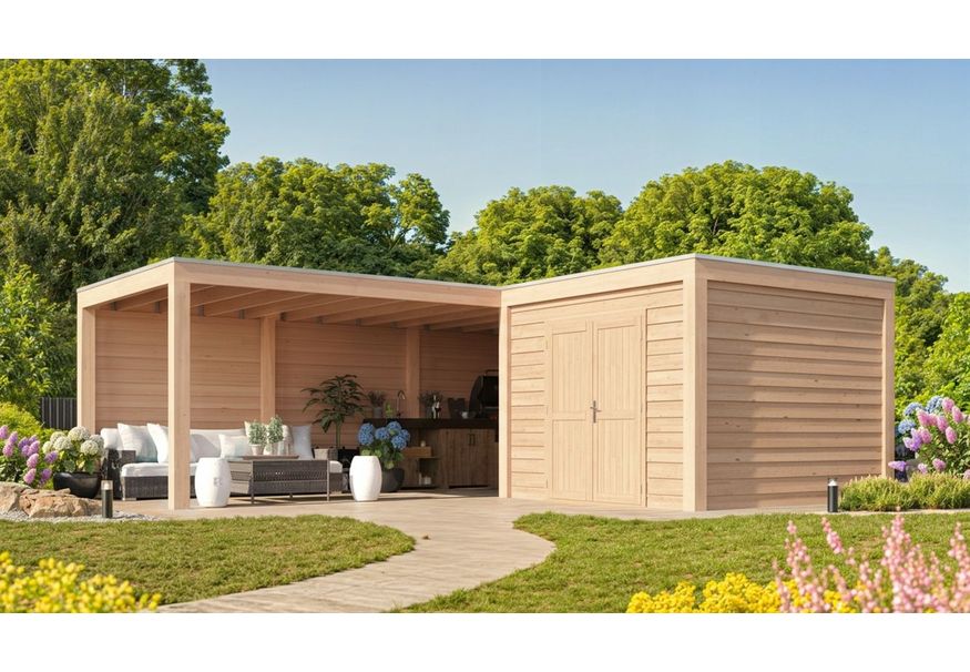 WoodAcademy tuinhuis met overkapping L-model Nefriet Essential 680x400+300x300 Foto van WoodAcademy tuinhuis met overkapping L-model Nefriet Essential 680x400+300x300