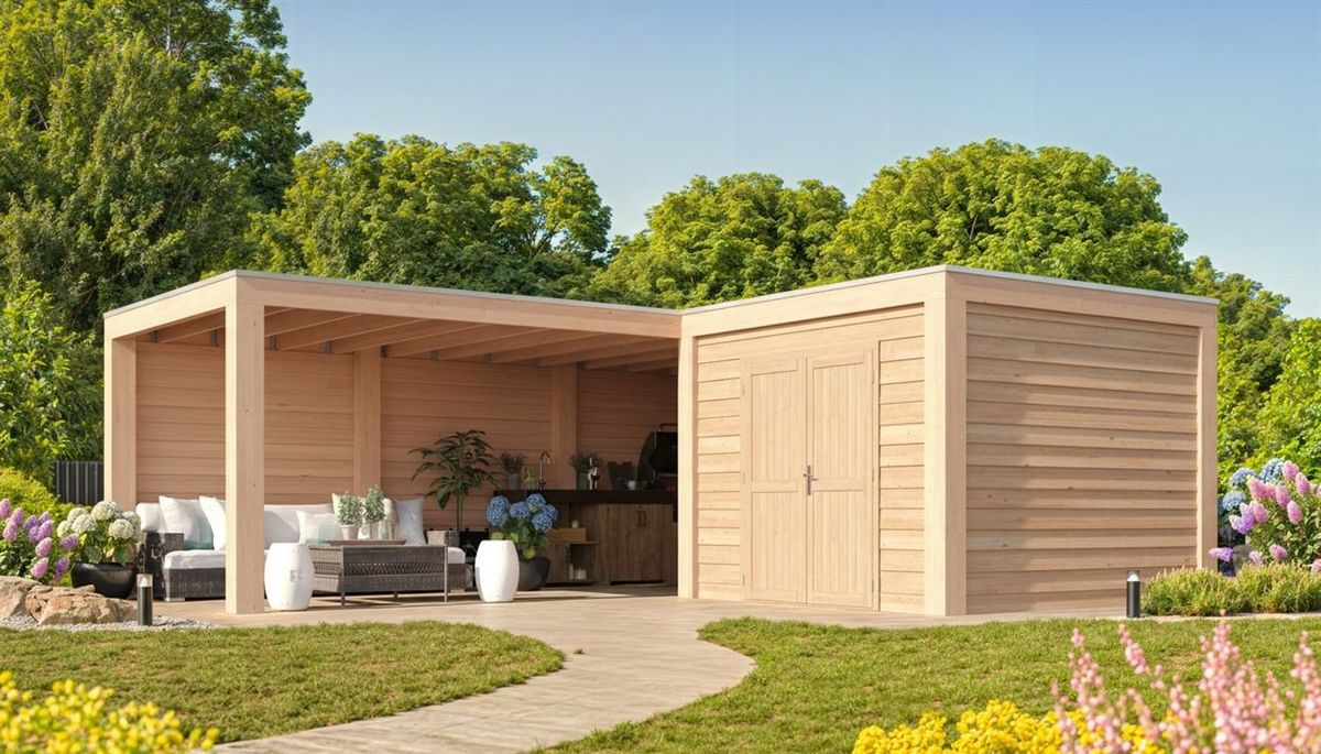 WoodAcademy tuinhuis met overkapping L-model Nefriet Excellent