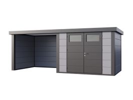 Telluria Classico 3024 metalen tuinhuis met overkapping links Foto van Telluria Classico 3024 metalen tuinhuis met overkapping links