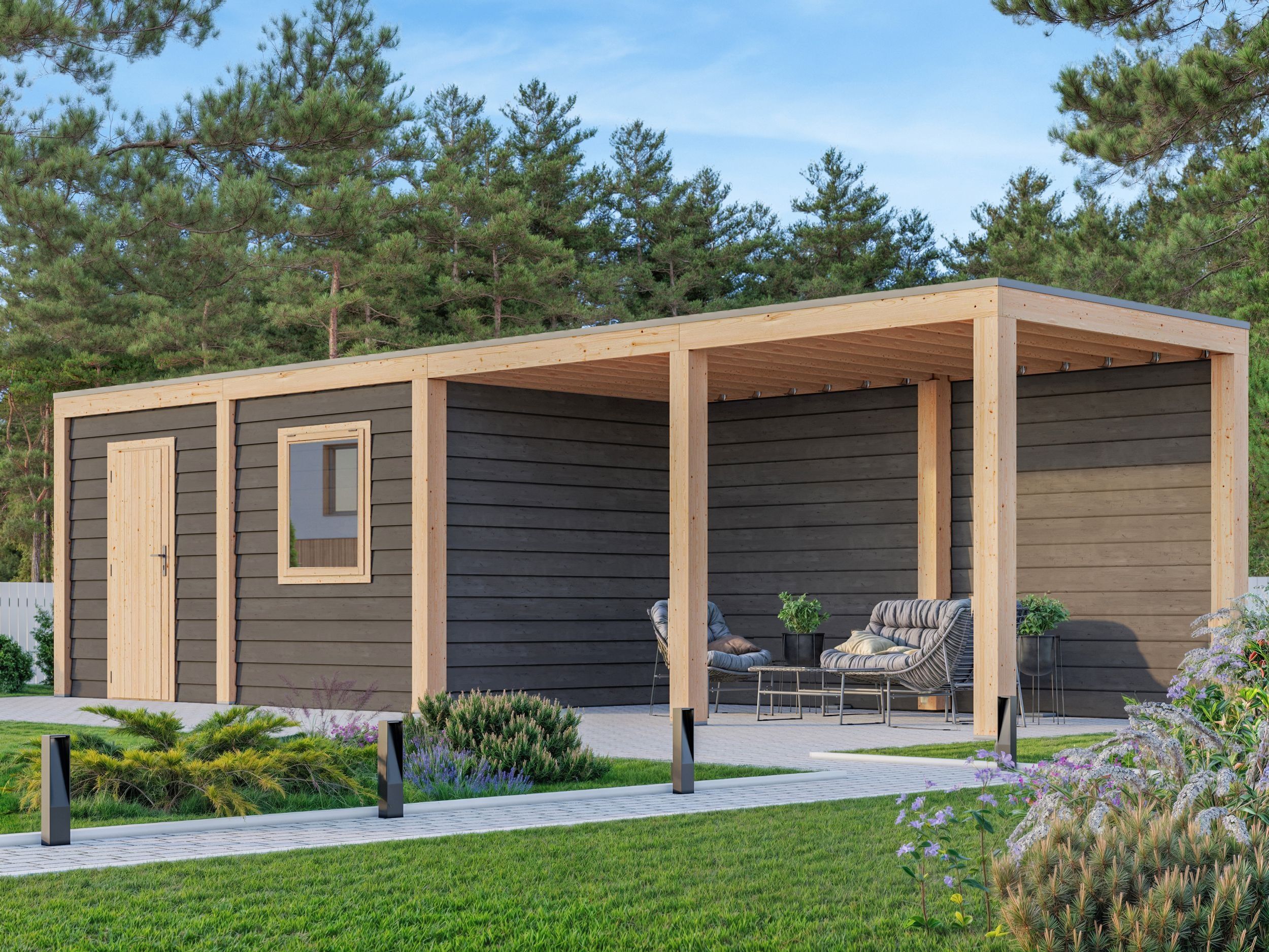 Foto von WoodAcademy Gartenhaus mit Überdachung Nefriet Excellent nero 1180x300 cm