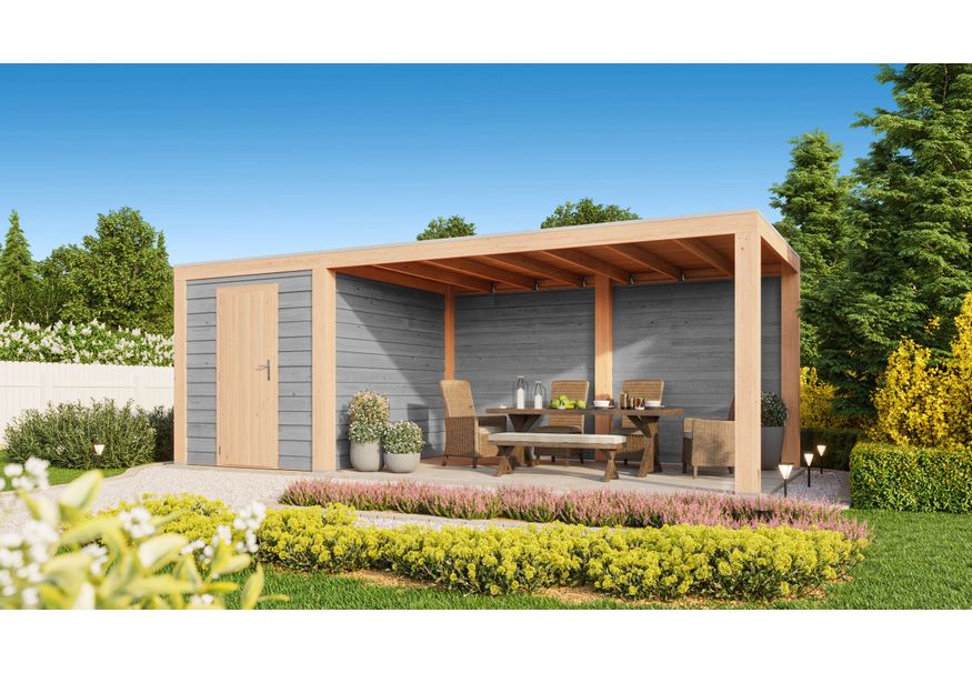 WoodAcademy Gartenhaus mit Überdachung Nefriet Excellent grigio 580x400 cm Foto von WoodAcademy Gartenhaus mit Überdachung Nefriet Excellent grigio 580x400 cm