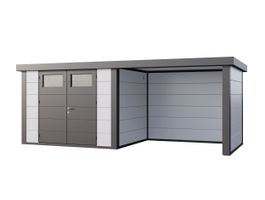 Telluria Classico 3024 metalen tuinhuis met overkapping rechts Foto van Telluria Classico 3024 metalen tuinhuis met overkapping rechts