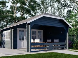 Interflex Blockhütte Krüppelwalmdach W4x3+3 - gestrichen Foto von Interflex Blockhütte Krüppelwalmdach W4x3+3 - gestrichen