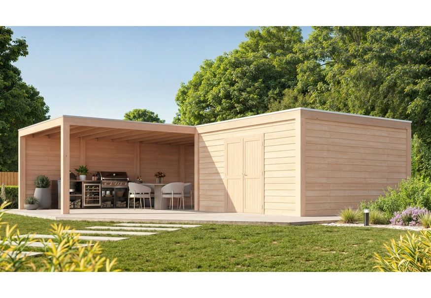 WoodAcademy tuinhuis met overkapping L-model Nefriet Essential 780x400+400x400 Foto van WoodAcademy tuinhuis met overkapping L-model Nefriet Essential 780x400+400x400