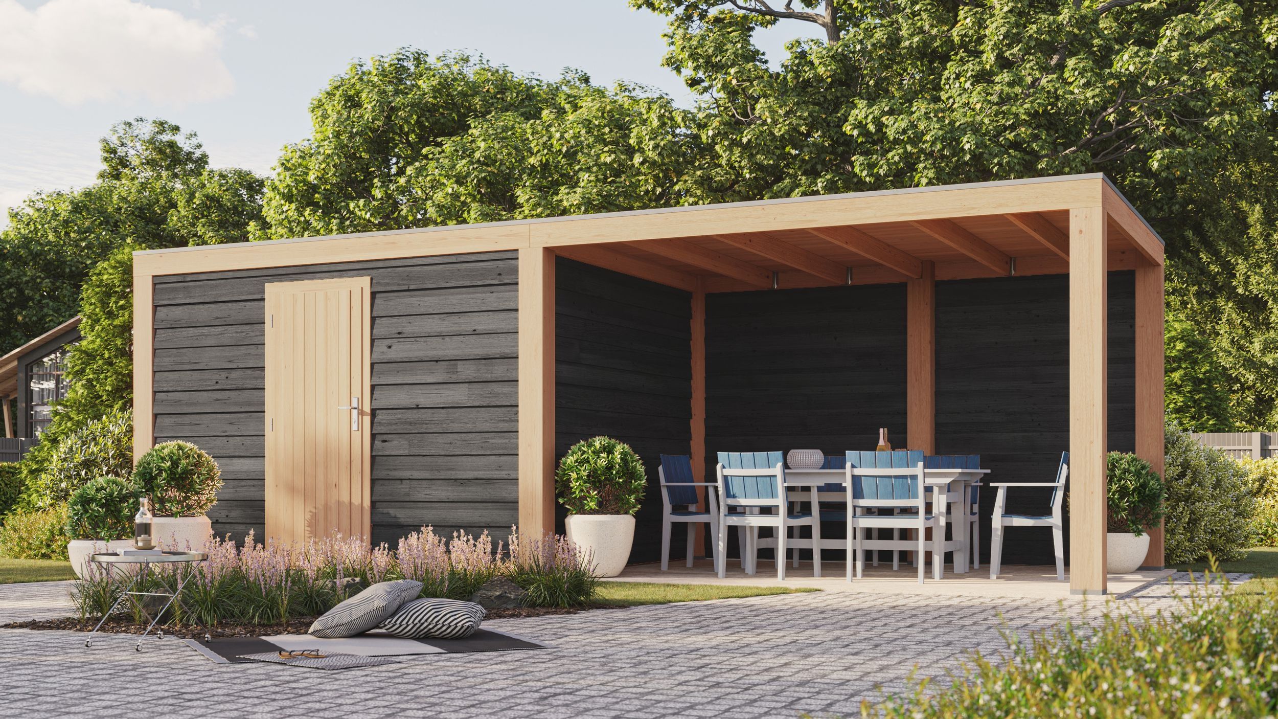 Foto van WoodAcademy tuinhuis met overkapping Nefriet Excellent nero 780x400 cm