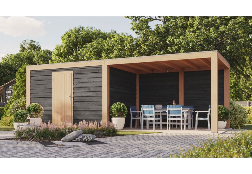 WoodAcademy tuinhuis met overkapping Nefriet Excellent nero 780x400 cm Foto van WoodAcademy tuinhuis met overkapping Nefriet Excellent nero 780x400 cm