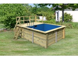 Foto van Karibu houten zwembad met klein terras Classic 1A met liner + skimmer